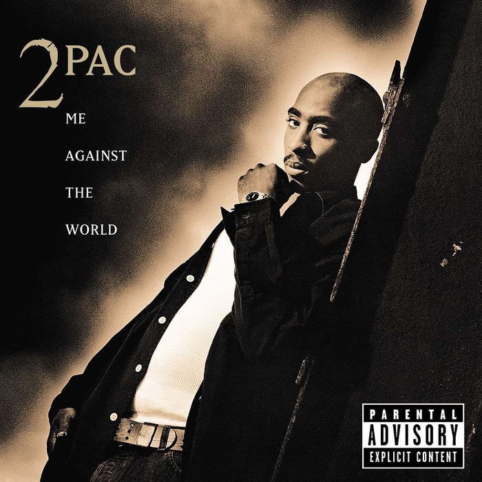 Album cover of 'Me Against the World' by 2Pac with a black and white portrait of the artist.