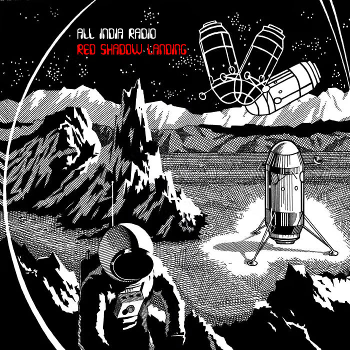 CD album cover for Red Shadow Landing by All India Radio featuring a minimalist, atmospheric design with rich crimson tones and surreal, space-age artistic motifs.