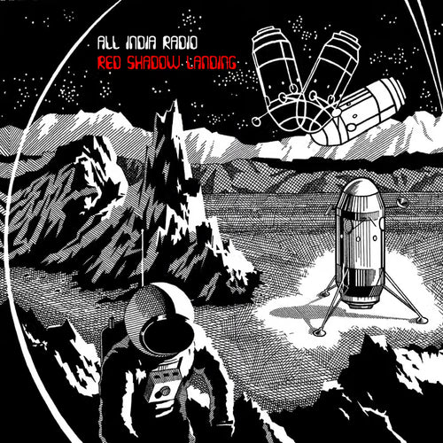CD album cover for Red Shadow Landing by All India Radio featuring a minimalist, atmospheric design with rich crimson tones and surreal, space-age artistic motifs.