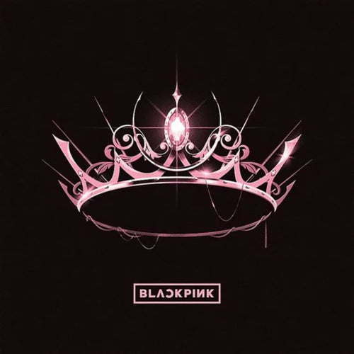 A stylized pink and white tiara with a glowing central gem on a black background, with the text 'BLACKPINK' below it.