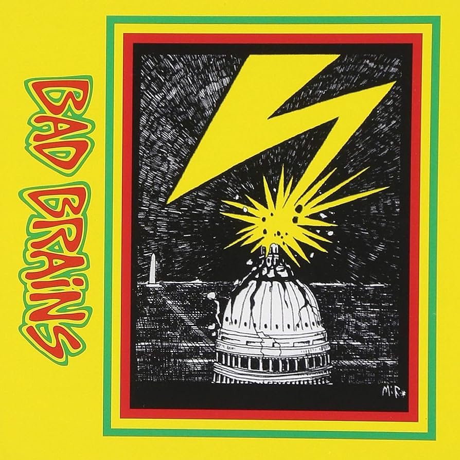 Album cover for Bad Brains with a yellow lightning bolt and Capitol building illustration on a yellow background.