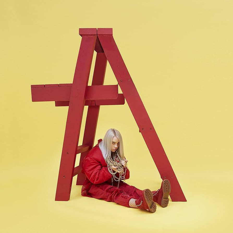 Person in red outfit sitting on a red ladder against a yellow background