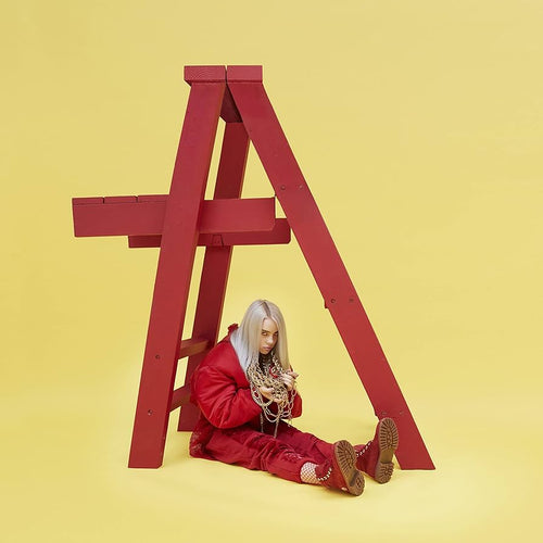 Person in red outfit sitting on a red ladder against a yellow background
