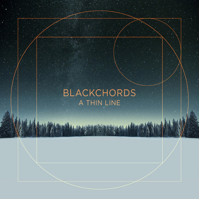 Album cover for 'A Thin Line' by Blackchords with geometric design and snowy landscape.