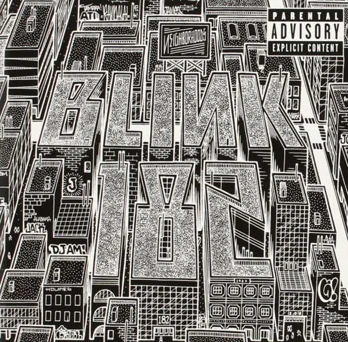Black and white album cover with 'Blink 182' text and various smaller text elements.