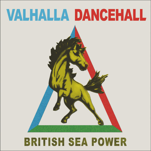 CD Digipak cover for Valhalla Dancehall by British Sea Power featuring a stylized illustration of a rearing horse inside a multi-coloured triangle against a clean white background.