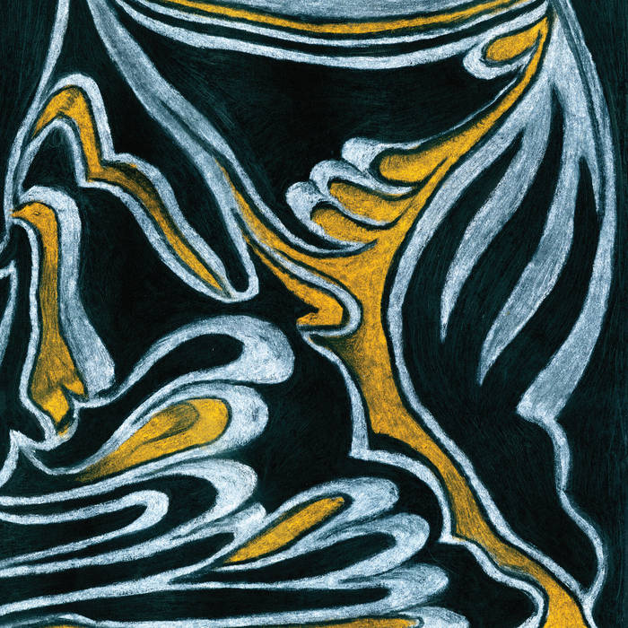 Abstract design with wavy lines in gold, silver, and black on a dark background