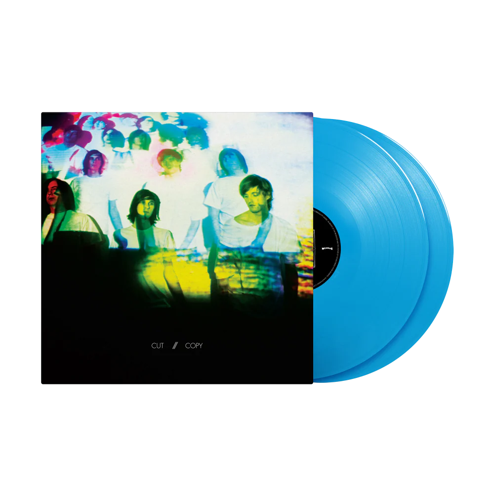 Blue vinyl record with colorful album cover featuring people.