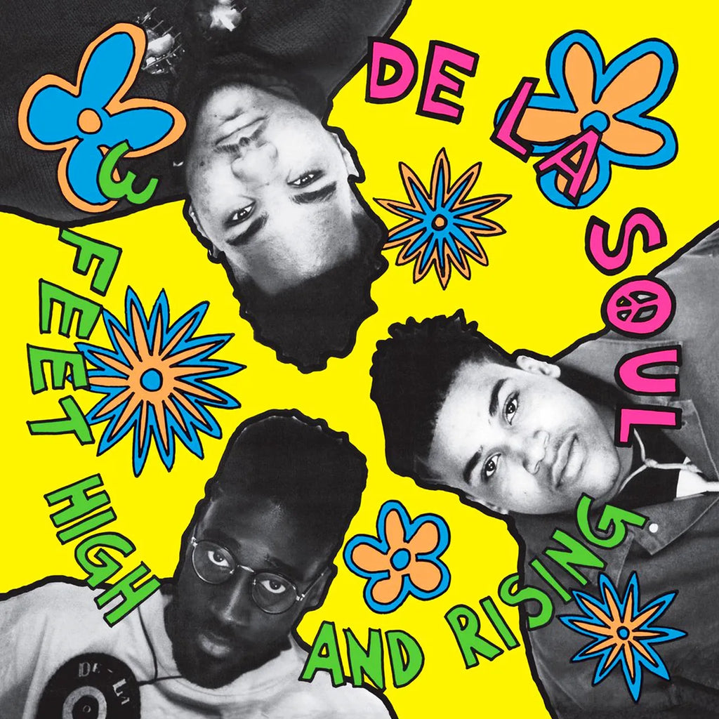 Album cover with three individuals' faces and colorful text and flowers on a yellow background