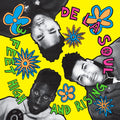 Album cover with three individuals' faces and colorful text and flowers on a yellow background