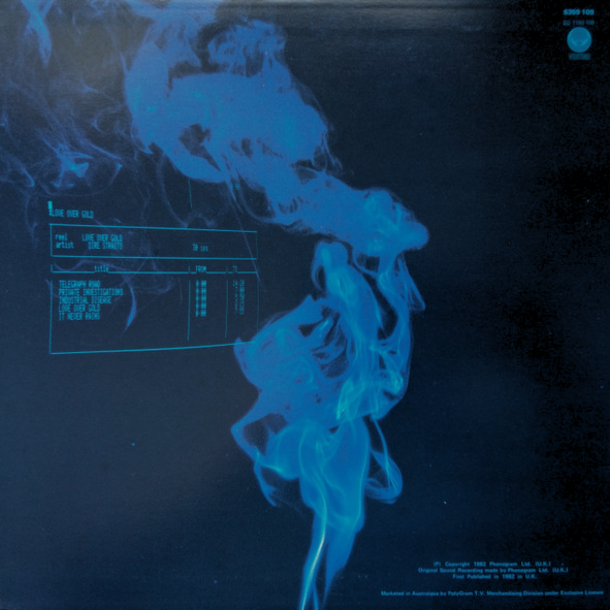The rear cover of Love Over Gold By Dire Straits featuring blue smoke, the tracklist on the left and pressing details on the bottom right.