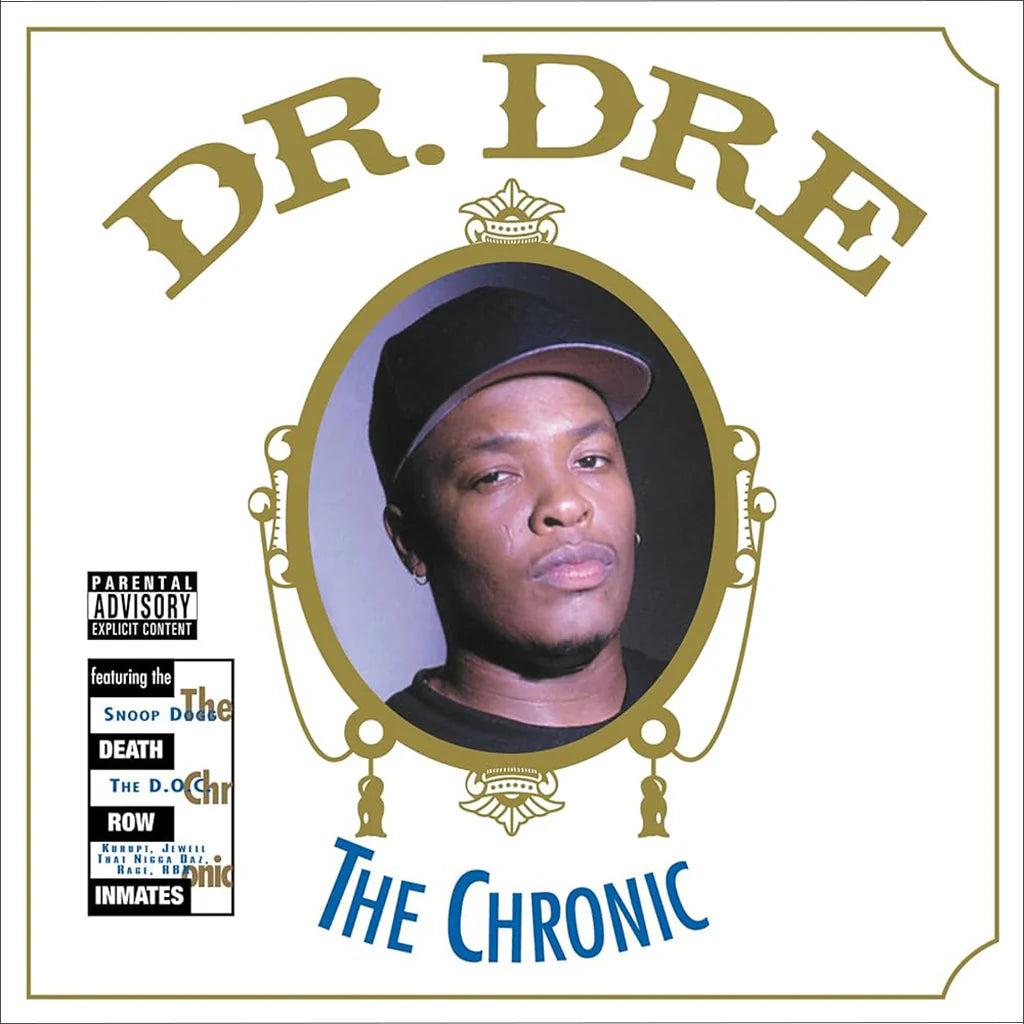 Double vinyl edition of The Chronic by Dr. Dre featuring the legendary, Zig-Zag inspired portrait cover artwork of Dre framed in white.