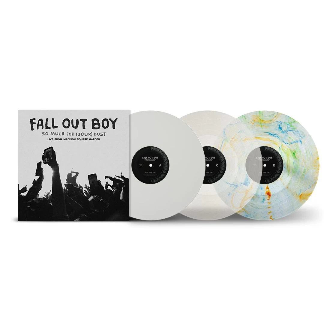 Vinyl records with a 'Fall Out Boy' album cover featuring a crowd and album title.