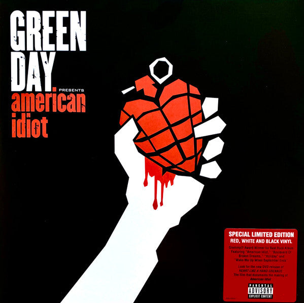 Special limited edition red, white, and black vinyl of American Idiot by Green Day in a gatefold cover with bold punk rock artwork.