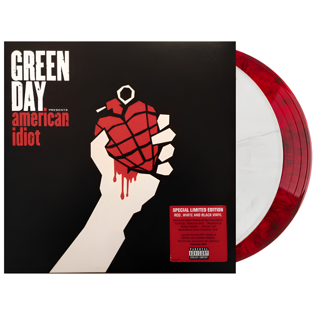 Green Day - American Idiot 12-inch vinyl. The album cover is shown alongside the vinyl discs, which features one white and one translucent red vinyl record.