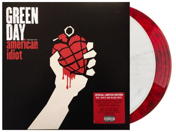 Special limited edition red, white, and black vinyl of American Idiot by Green Day in a gatefold cover with bold punk rock artwork.