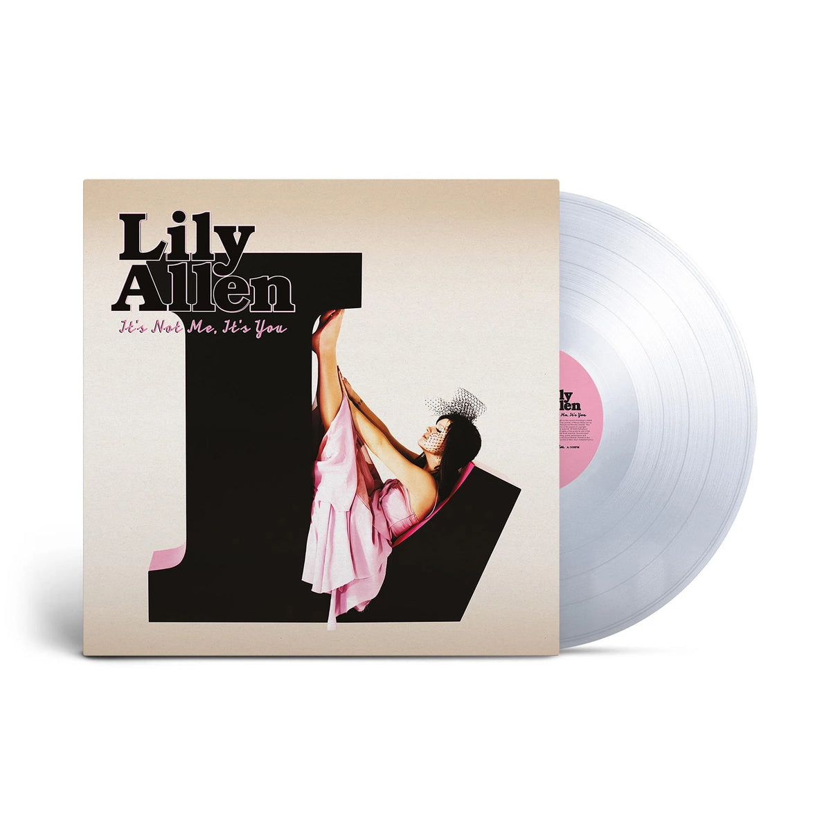 Crystal clear transparent vinyl LP of It's Not Me, It's You by Lily Allen, displayed over the black-and-white portrait album cover showing the Side A center label.