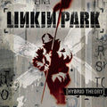 Album cover for 'Hybrid Theory' by Linkin Park with a silhouette and abstract design.