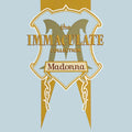 The Immaculate Collection Madonna graphic on a light blue background, featuring a gold ornate crest with a large stylized M, gold serif text, and a cream banner reading Madonna.