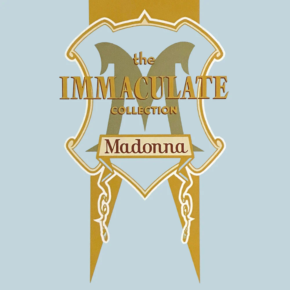 The Immaculate Collection Madonna graphic on a light blue background, featuring a gold ornate crest with a large stylized M, gold serif text, and a cream banner reading Madonna.