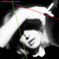 Black and white close-up portrait of a woman holding a cigarette, with a bright blue text overlay reading 'MARIANNE FAITHFUL BROKEN ENGLISH' and two diagonal colored lines crossing the frame.