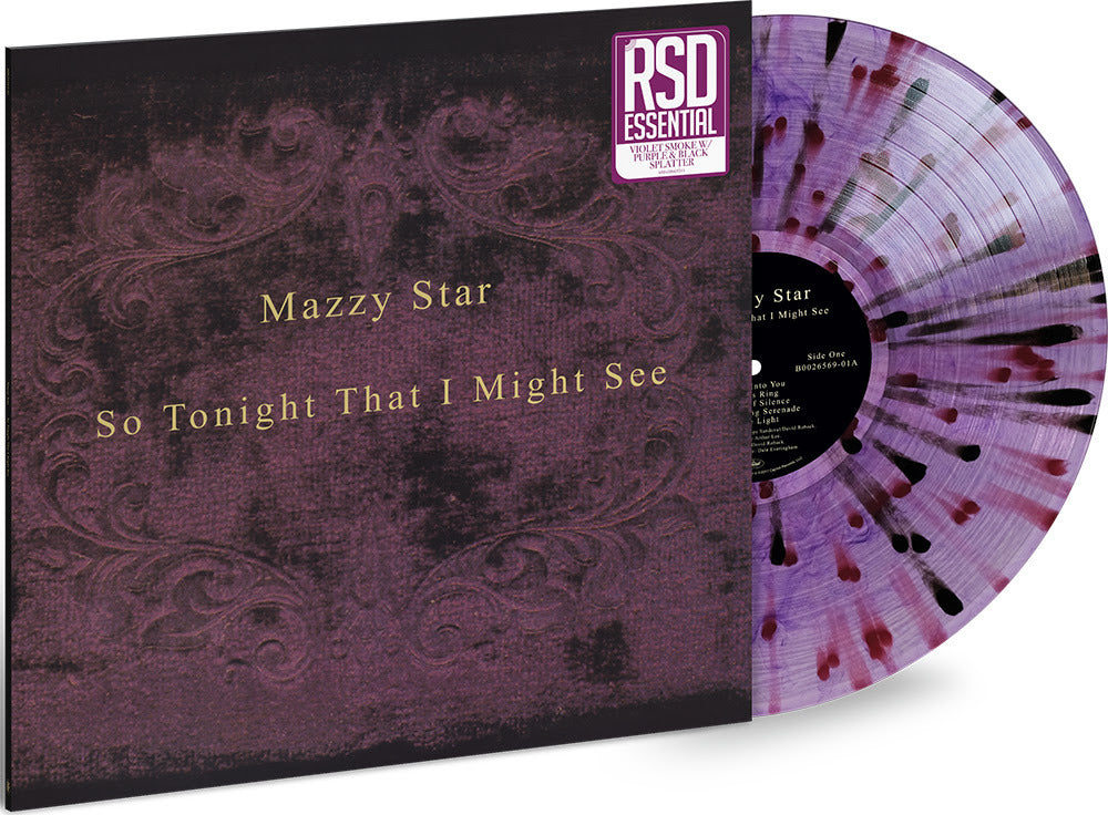 Limited RSD Essential violet smoke vinyl with purple and black splatter of So Tonight That I Might See by Mazzy Star featuring the iconic hazy blue portrait artwork.