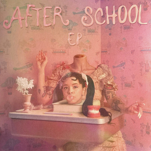 Album cover art for 'After School EP' featuring a stylized illustration of a girl with dark hair sitting at a desk, with a mannequin head and floral wallpaper in the background.