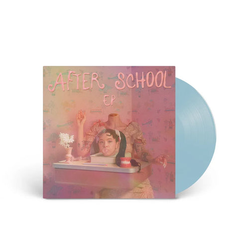 A vinyl record album titled 'AFTER SCHOOL EP' shown with its square cover art in front of a translucent light blue record on a white background.