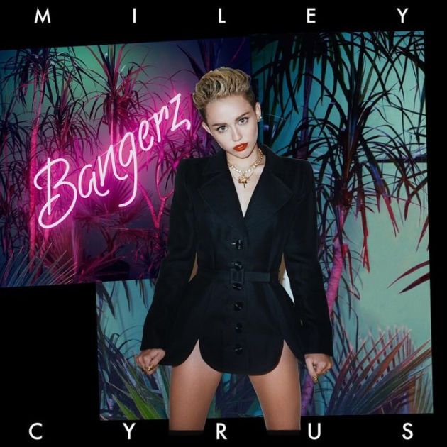 Person in a black outfit with 'Bangerz' and 'Cyrus' text on a colorful background