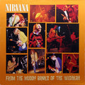 Collage of Nirvana band members performing with album title 'From the Muddy Banks of the Wishkah' on a yellow background