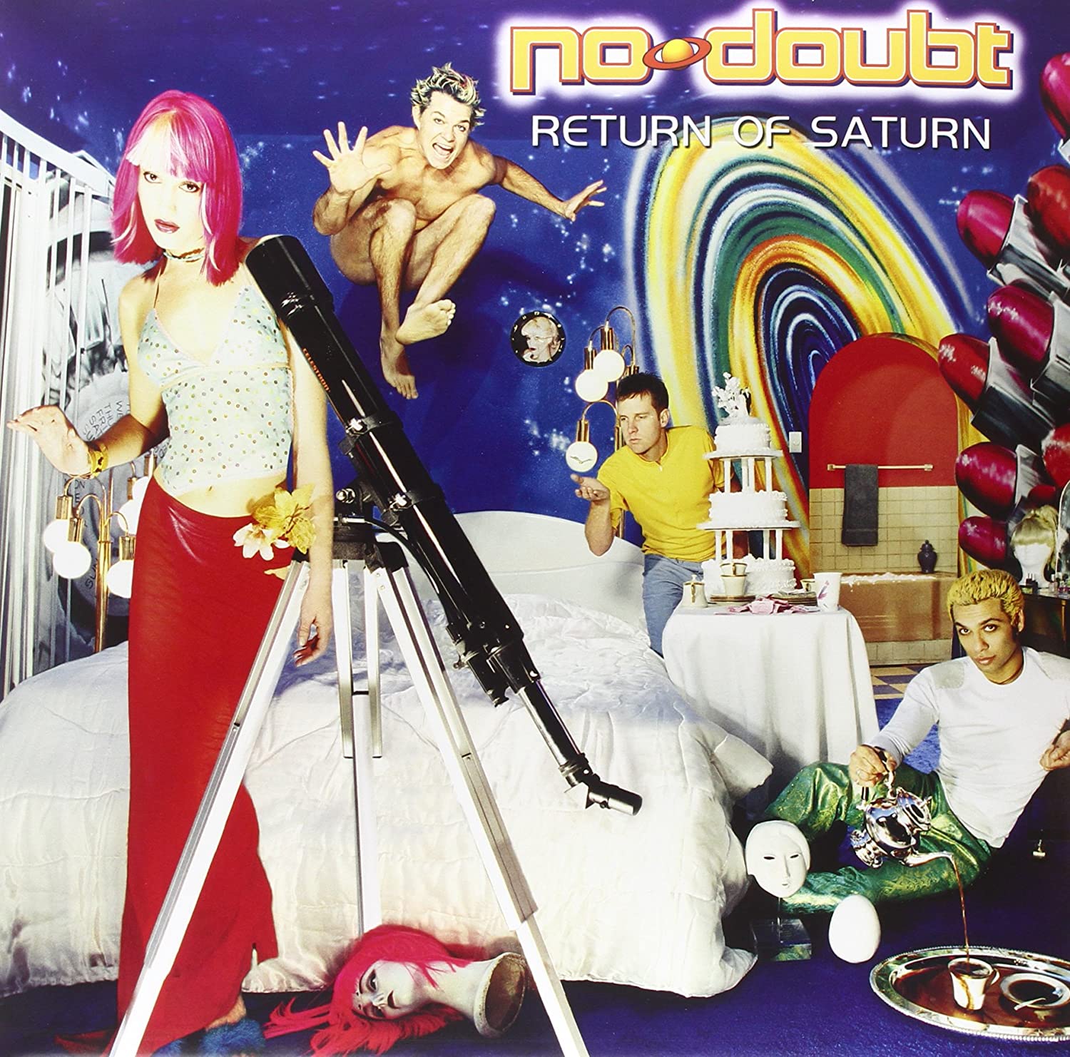 Album cover for 'Return of Saturn' by No Doubt featuring a woman with pink hair, a man in a yellow shirt, and various objects.