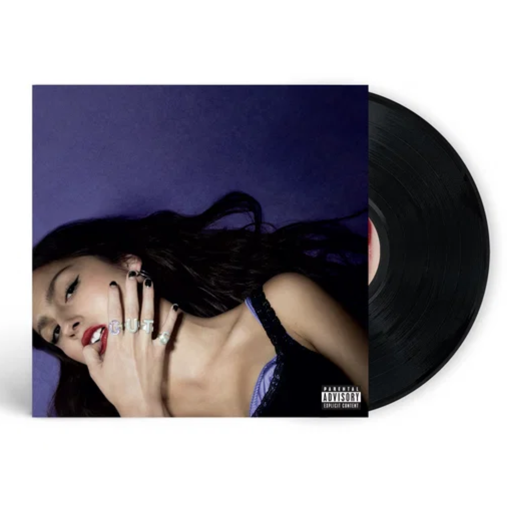 Photo of the cover of Guts by Olivia Rodrigo with the black vinyl record emerging from the cover.
