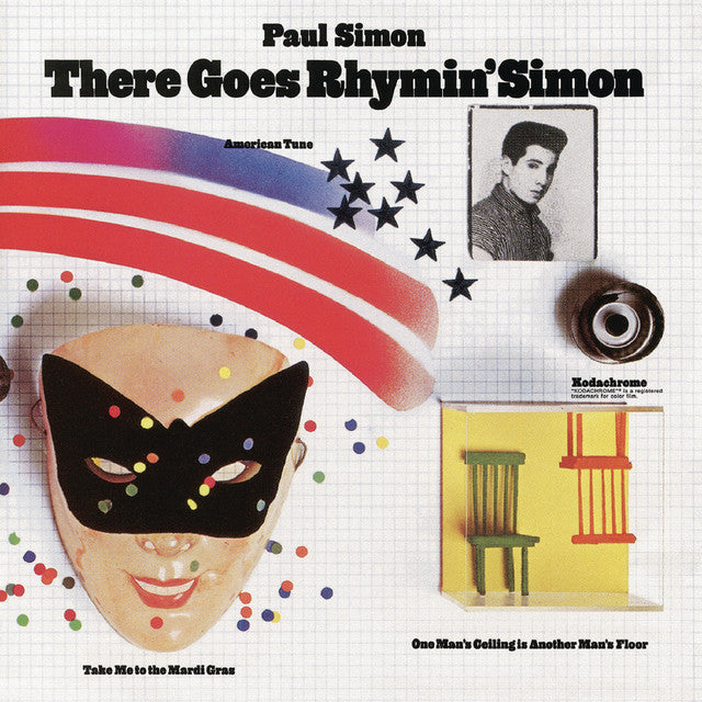 Album cover for 'There Goes Rhymin' Simon' by Paul Simon with a mask, vintage photo, stars, colourful stripes, miniature chairs and a series of quotes. 