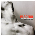 Album cover for Once More With Feeling: Singles 1996–2004 by Placebo featuring a stylised black-and-white image of someone with there head tilted back with bold red accents and minimalist typography.