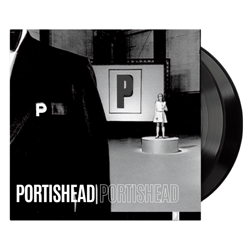 The cover of Portishead by Portishead with 2 black vinyl records emerging from the cover of the record. 