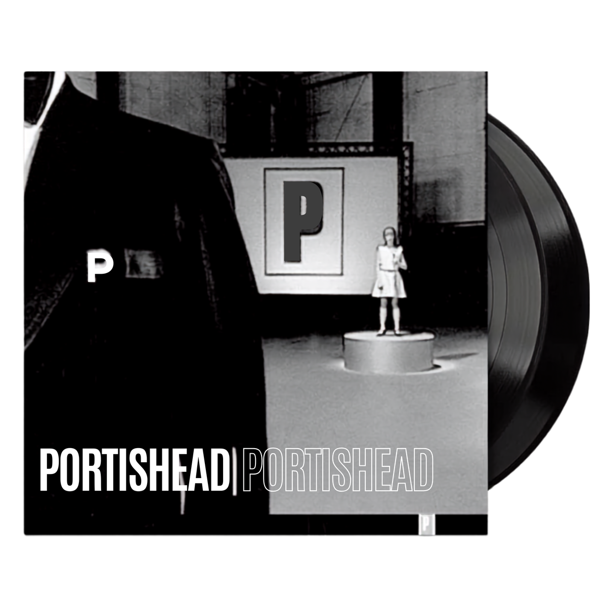 The cover of Portishead by Portishead with 2 black vinyl records emerging from the cover of the record. 