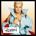 Album cover featuring a person wearing a light blue jacket with red interior, holding a microphone, and the name 'Robyn' displayed.