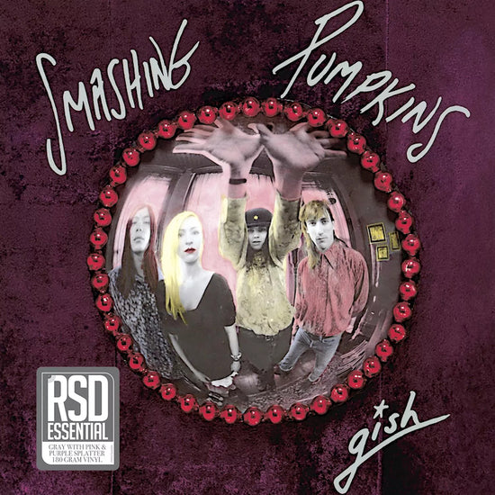 Limited edition grey vinyl with pink and purple splatter of Gish by The Smashing Pumpkins featuring the iconic, psychedelic circular portrait cover artwork.