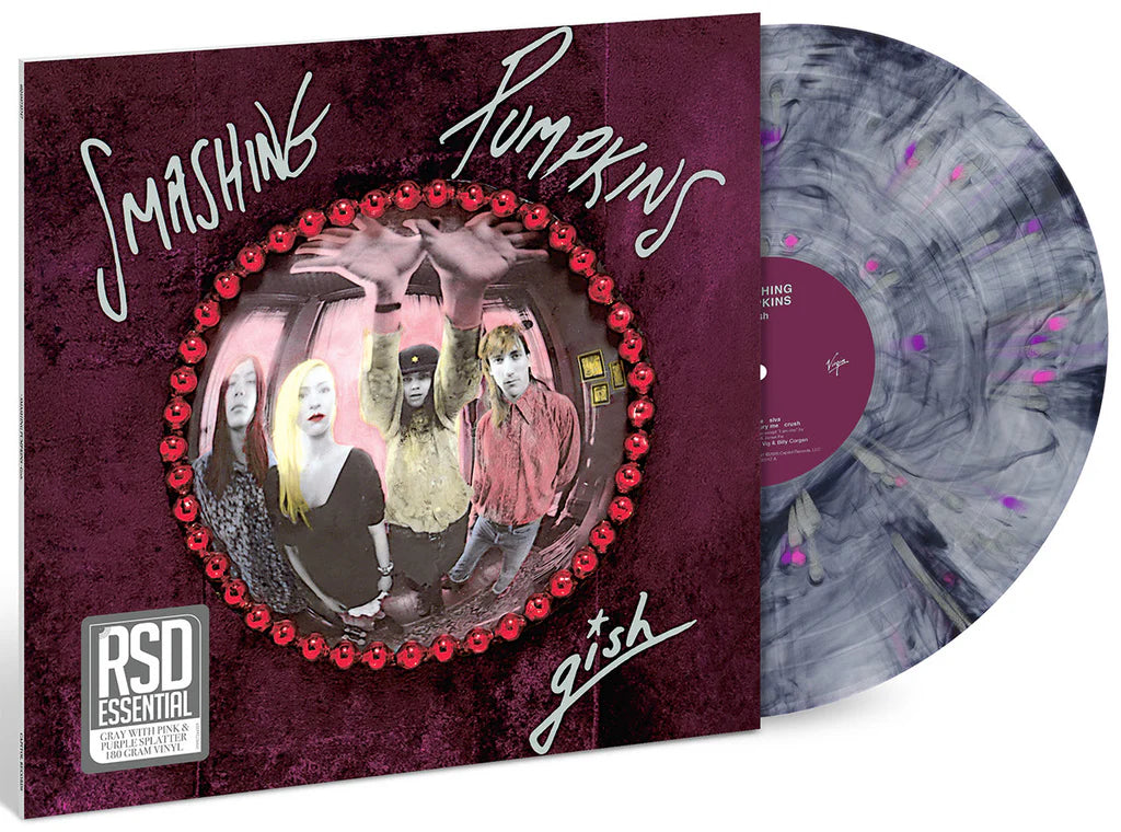 Limited edition grey vinyl with pink and purple splatter of Gish by The Smashing Pumpkins featuring the iconic, psychedelic circular portrait cover artwork.