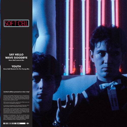 Vinyl cover for Say Hello, Wave Goodbye / Youth by Soft Cell featuring minimalist typography and stark design associated with the band’s early releases.
