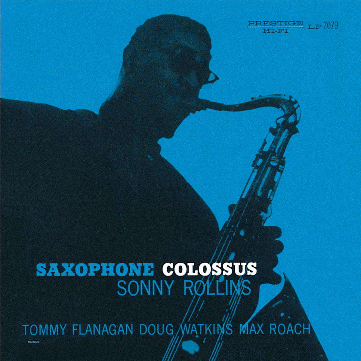 Album cover of 'Saxophone Colossus' by Sonny Rollins with a silhouette of a saxophonist on a blue background.