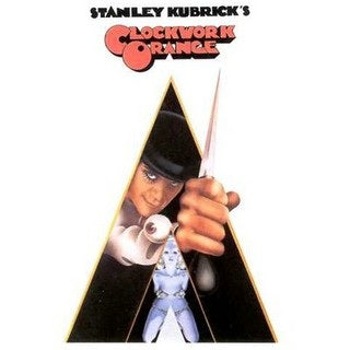 Album cover for Stanley Kubrick’s A Clockwork Orange soundtrack showing a stark white background with an illustrated eye motif, bold black typography, and minimalist graphic design.