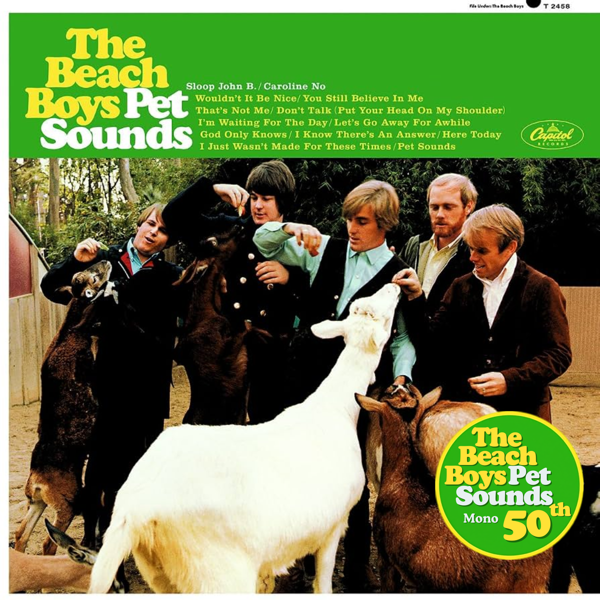 The Beach Boys 'Pet Sounds' 50th anniversary mono LP cover, featuring the band members feeding goats on the front cover art with a bright green header, tracklist and hype sticker.