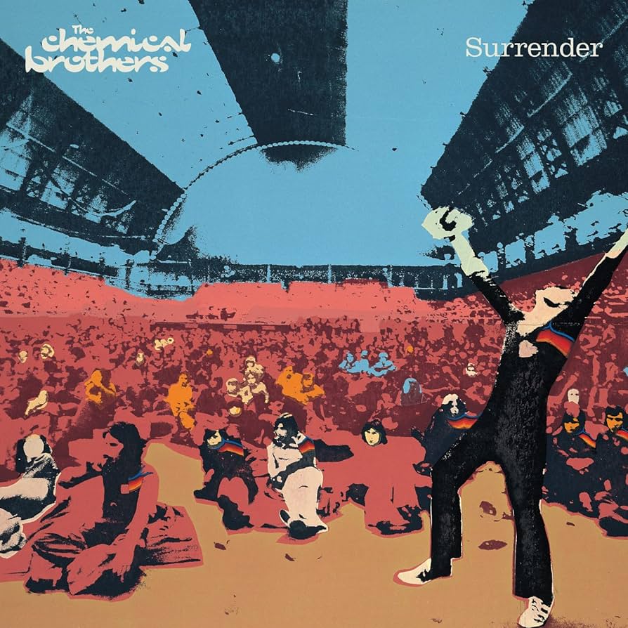Album cover for Surrender by The Chemical Brothers featuring bold red artwork with abstract black shapes and white typography, reflecting the high-energy big beat electronic style of the late 1990s.