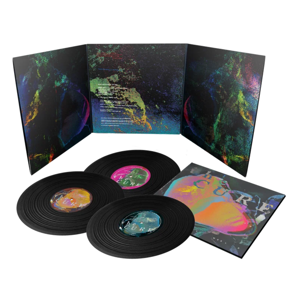 A record 3 gatefold cover in the rear with 3 black vinyl records and an inner sleeve of Mixes of a Lost World by The Cure.