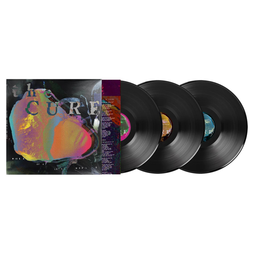 The Cure Mixes of a Lost World showing the cover, inner sleeve and 3 black vinyl records.