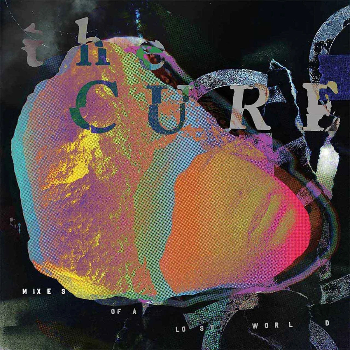 The cover at of the album The Cure Mixes of a Lost World. Featuring a collage style artwork of face in bright ombre colours. 