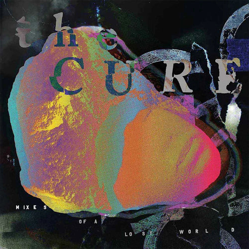 The cover at of the album The Cure Mixes of a Lost World. Featuring a collage style artwork of face in bright ombre colours. 