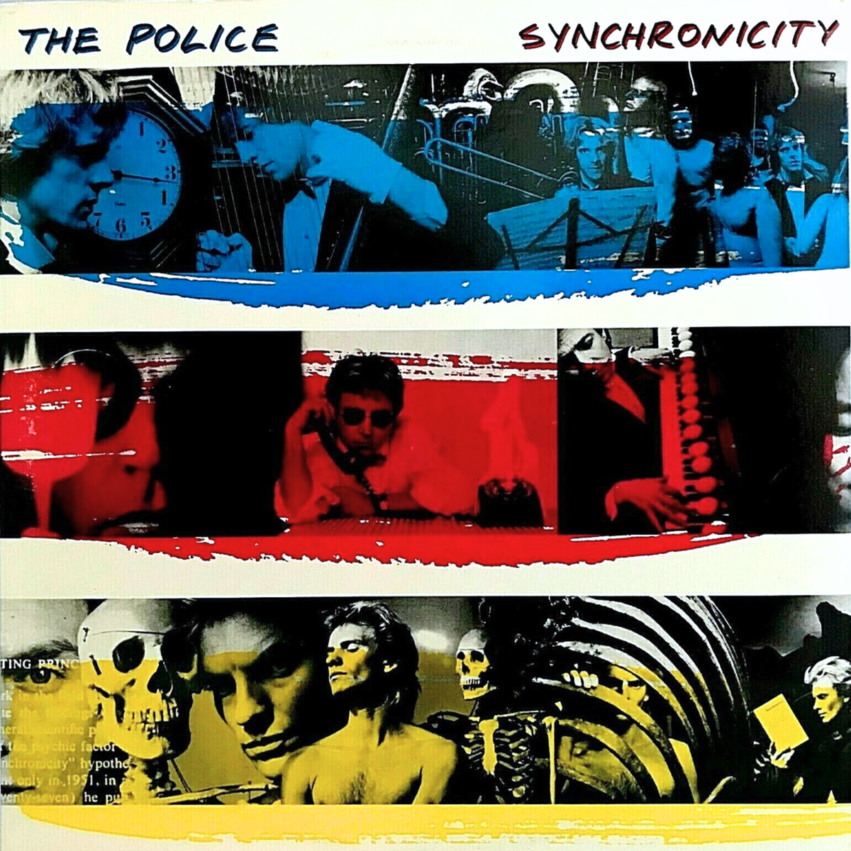The album cover for 'Synchronicity' by The Police, featuring a triptych of three horizontal bands with abstract red, blue, and yellow color-blocking and collage-style imagery.