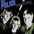 Cover art for Outlandos D’Amour featuring a duotone photograph of the band with the Police in bold blue text and  Outlandos D’Amour written in a cursive font. 